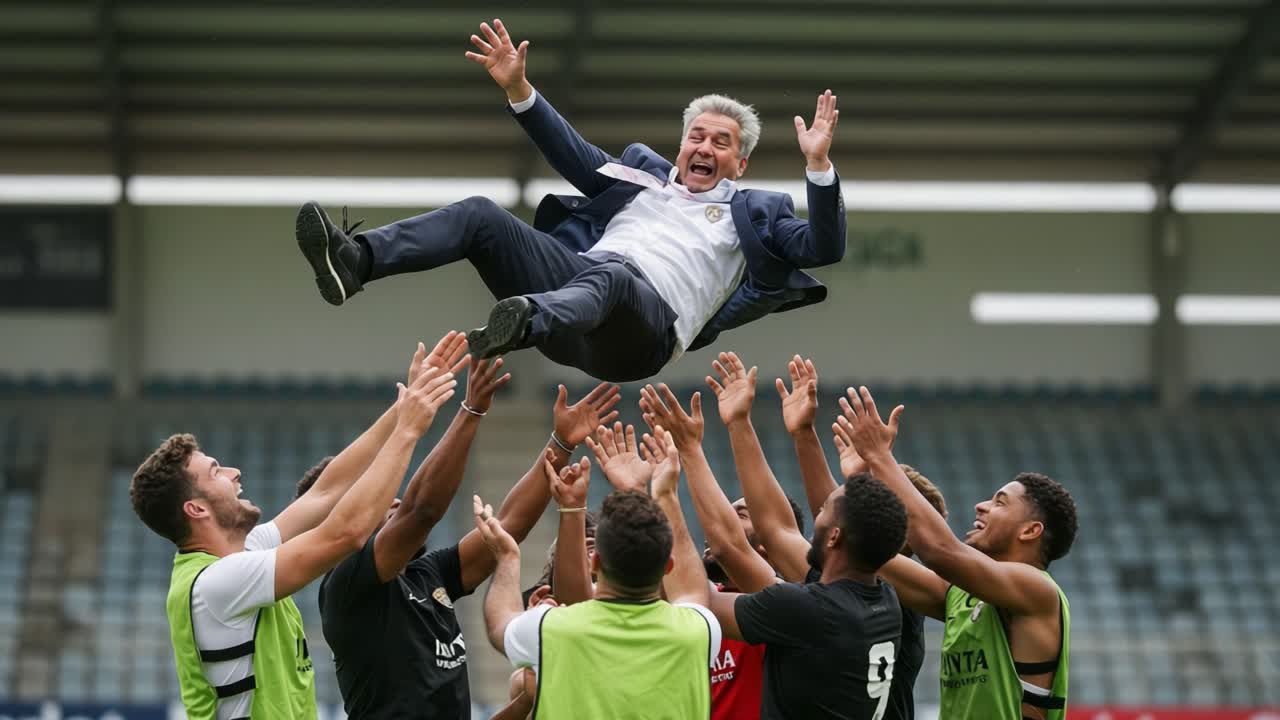 A Celebratory Moment Captured: A Thrilled Coach Is Joyfully Raised by His Team After a Successful Game, Showcasing Team Spirit and Unity