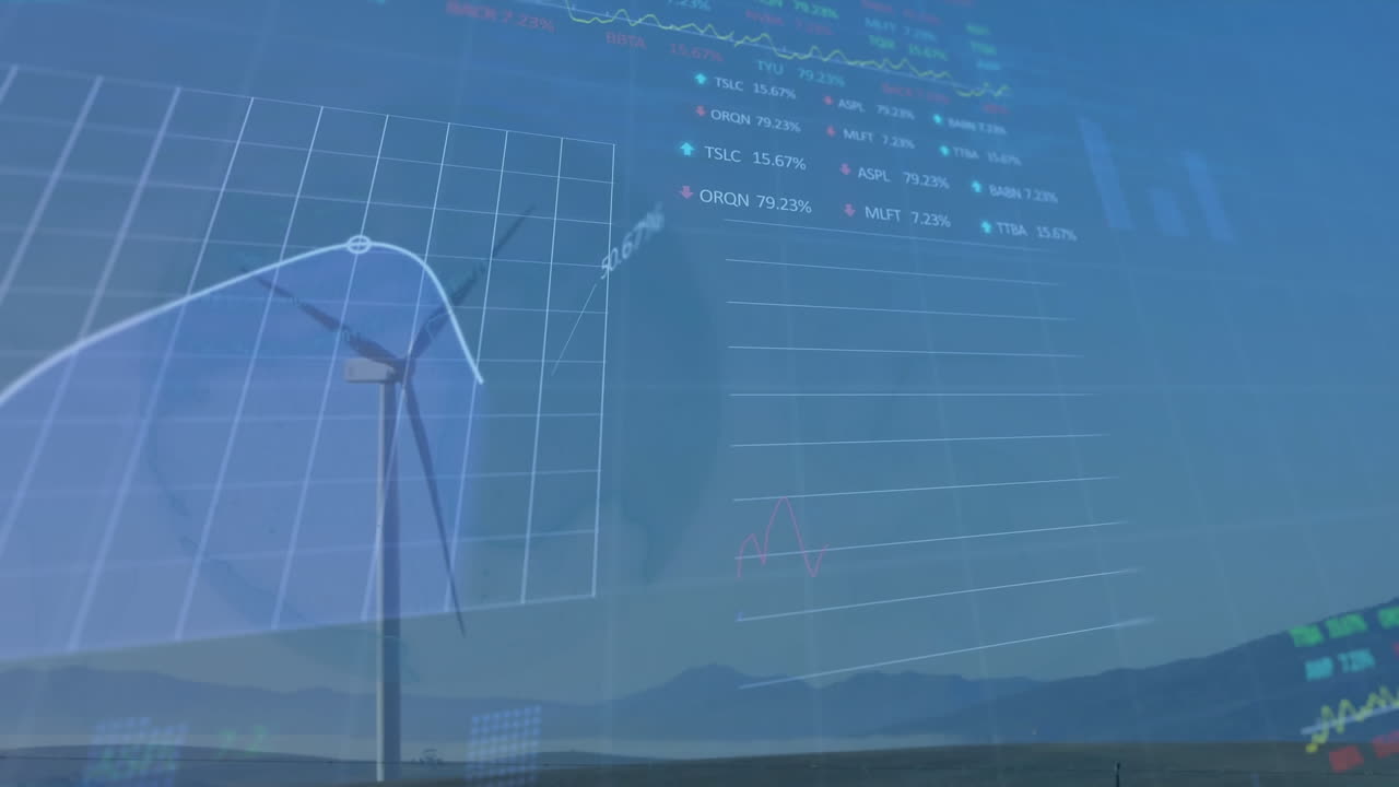 잔디에서 회전하는 풍차를 통해 통계 및 증권 시장 데이터 처리의 애니메이션