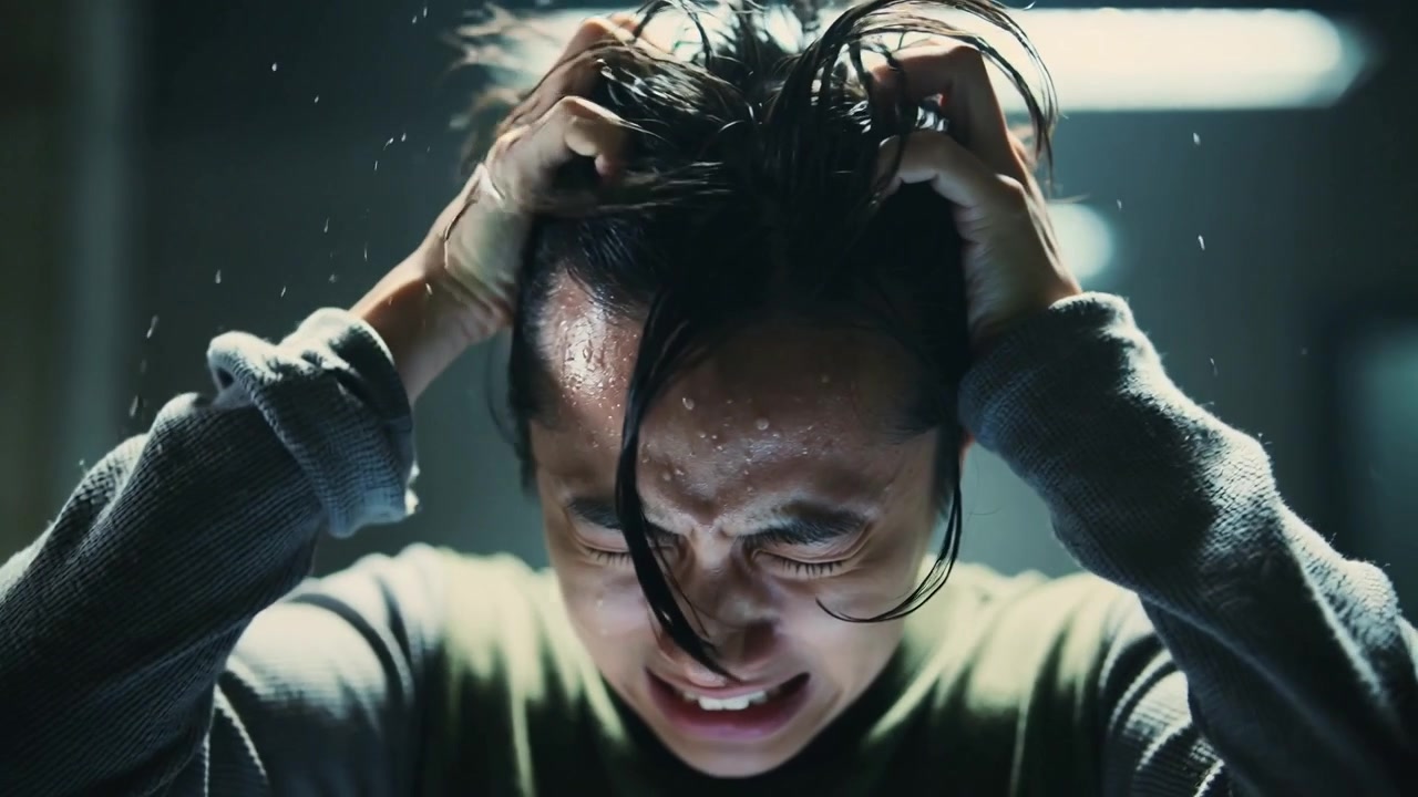 Gripping hair, man reacting to stress, flinging sweat in dim room, wearing olive top grey sleeves