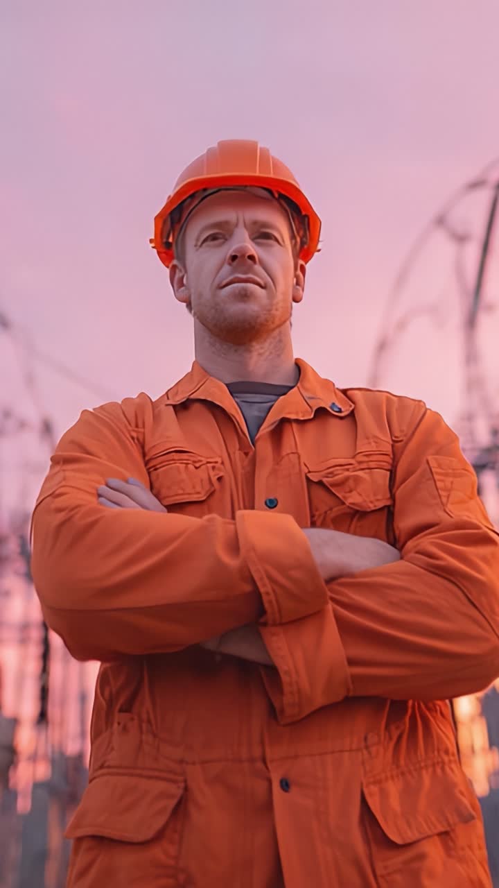 Un Lavoratore Determinato con Equipaggiamento di Sicurezza in Piedi con Orgoglio Contro un Tramonto Colorato in un Ambiente Industriale, che Mostra Forza e Resilienza di Fronte alle Sfide