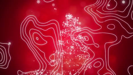 animation of moving lines over christmas tree on red background