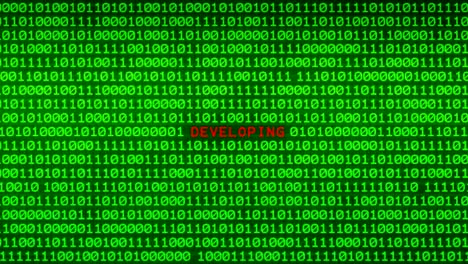 desarrollo de palabras reveladoras en la pared de código binario verde entre el fondo de la matriz de datos binarios aleatorios