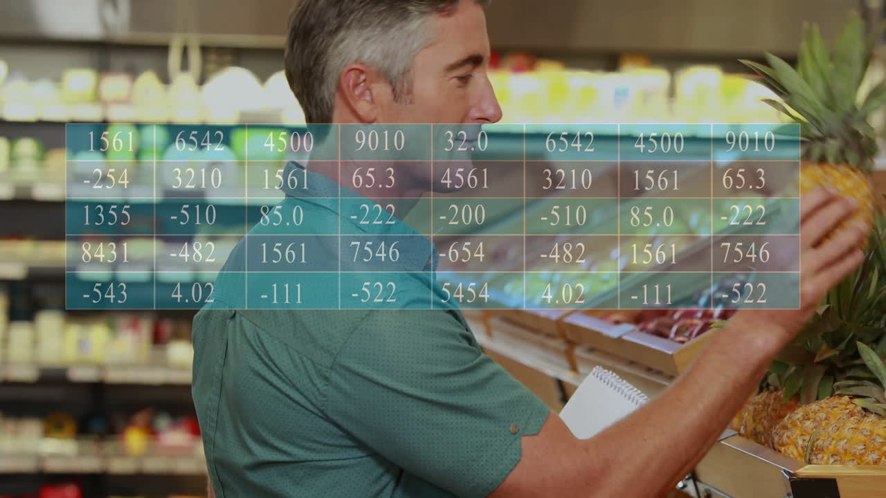 Shopping for produce, man with data processing animation overlay in grocery store