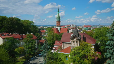 Podgorze-district-in-Krakow,-Poland-during-summer-with-small-clouds