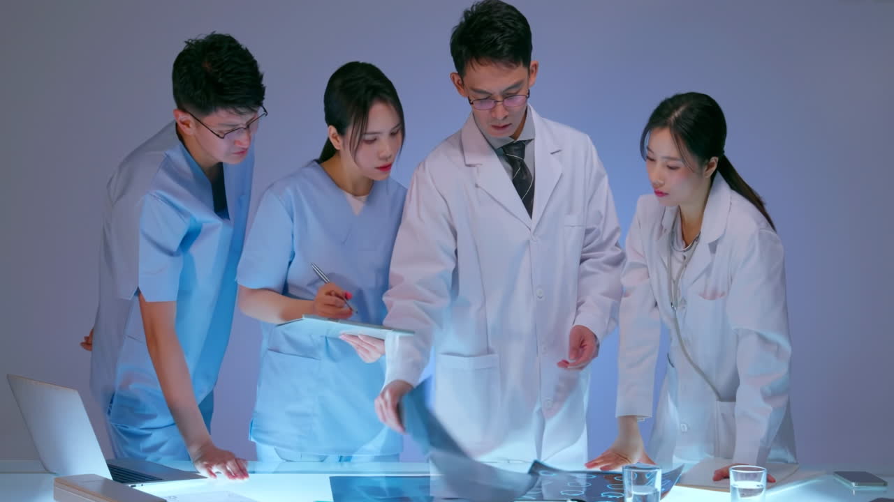 Healthcare, medical and radiology. Young doctors and Team experts medical having meeting, using laptop and paper documents looking at x-ray, examining medical reports during work day in the hospital