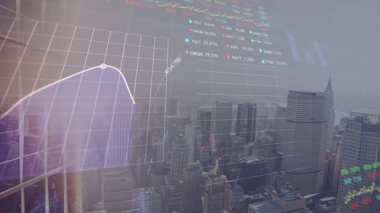 animación del procesamiento de datos estadísticos y bursátiles frente a una vista aérea del paisaje urbano