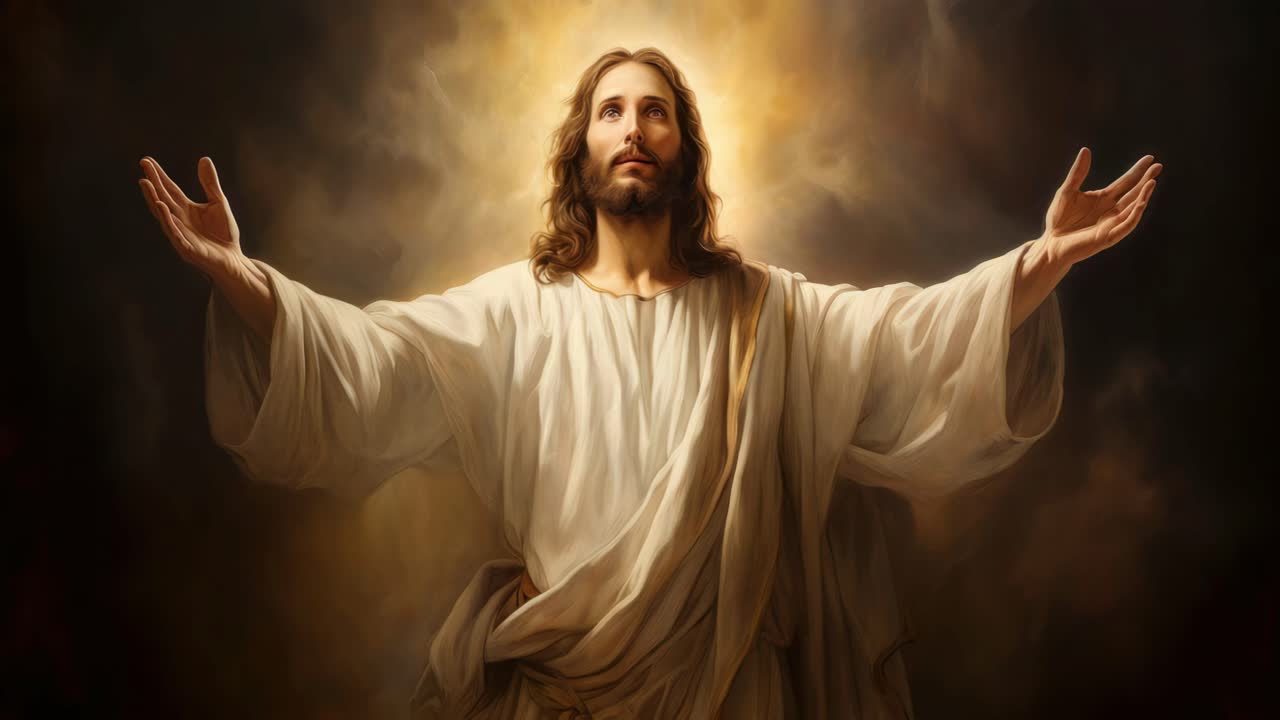 Dramatic upward angle captures a serene figure in flowing robes, arms raised, surrounded by light