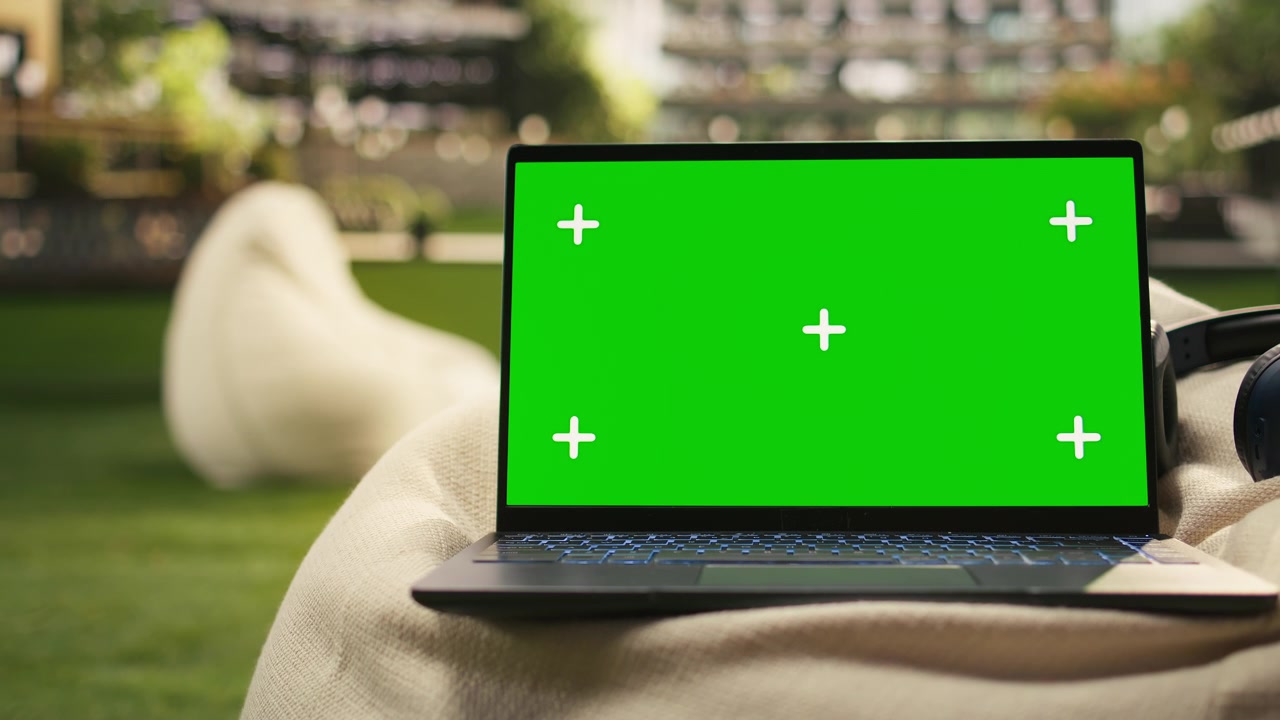 Mockup con schermo verde su laptop posizionato su un beanbag moderno del campus