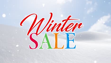 Animation-of-colourful-winter-sale-text-over-falling-snow-and-winter-landscape