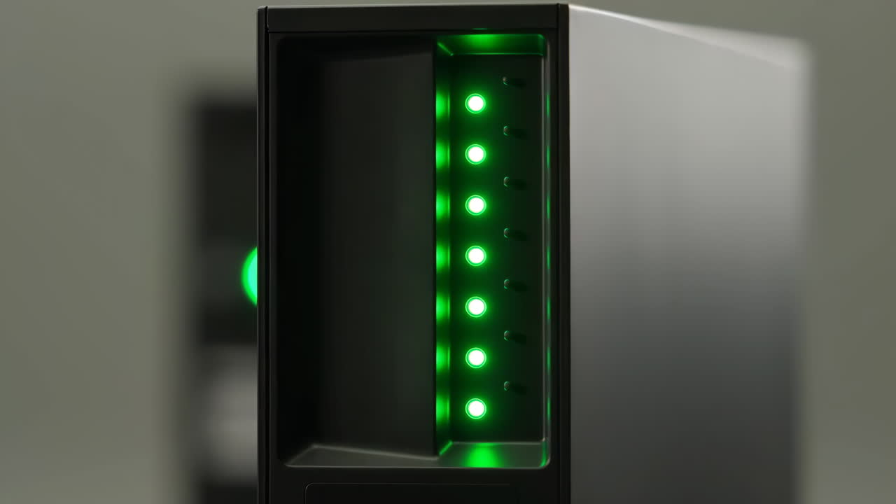 Black Server or Storage Device with Green LED Indicator Lights