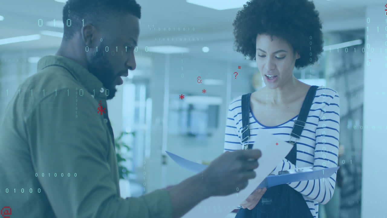 Male and female colleagues reading papers, checking clipboard in office with charts floating