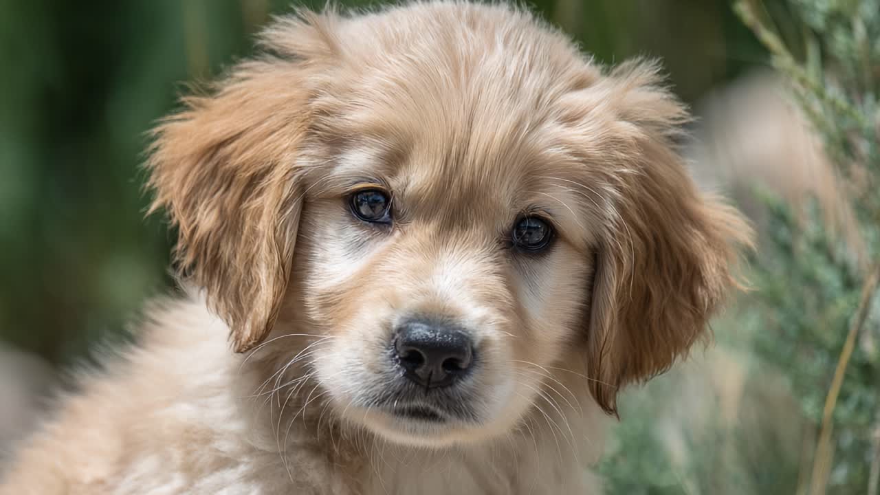 Un adorabile cucciolo di Golden Retriever catturato in due scatti commoventi, che mostra le sue caratteristiche accattivanti e lo spirito giocoso in un ambiente naturale