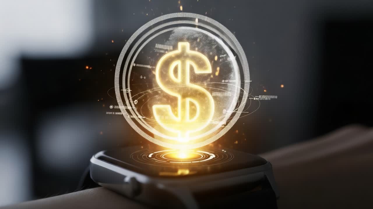 Innovative Technology Merges Finance and Wearable Devices: A Close-Up View of Smartwatch Displaying a Glowing Dollar Sign, Symbolizing Future of Digital Currency