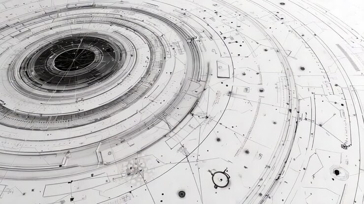 Un'illustrazione astratta high-tech che raffigura cerchi complessi e motivi geometrici in bianco e nero, che rappresenta concetti di tecnologia avanzata, dati e connettività