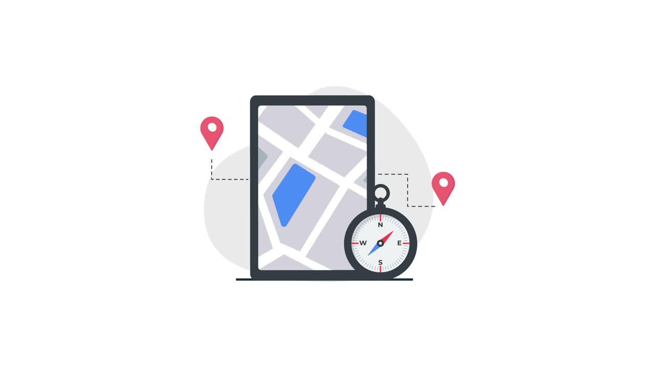 Animated Map and Compass with Location Pins on Smartphone