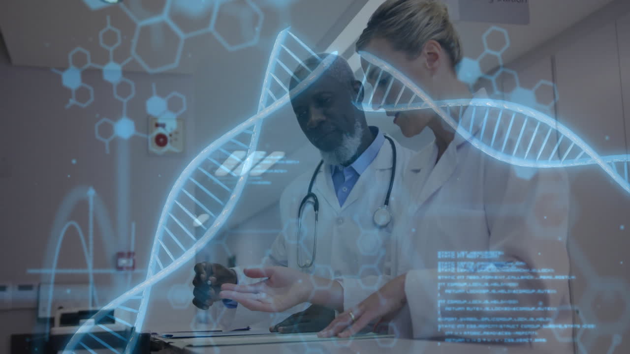 DNA strand and data processing animation over doctors discussing medical information