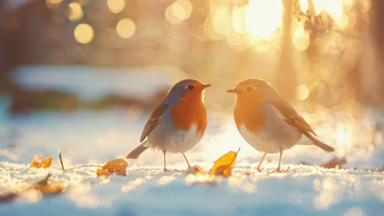 Two robins on snow, captured at eye level, with a soft focus background and warm sunlight