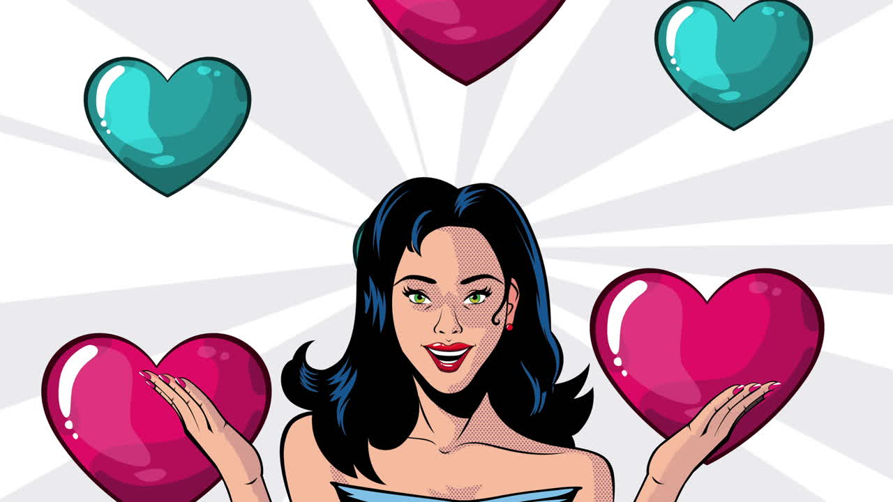 팝 아트 스타일로 심장을 들고 있는 여자