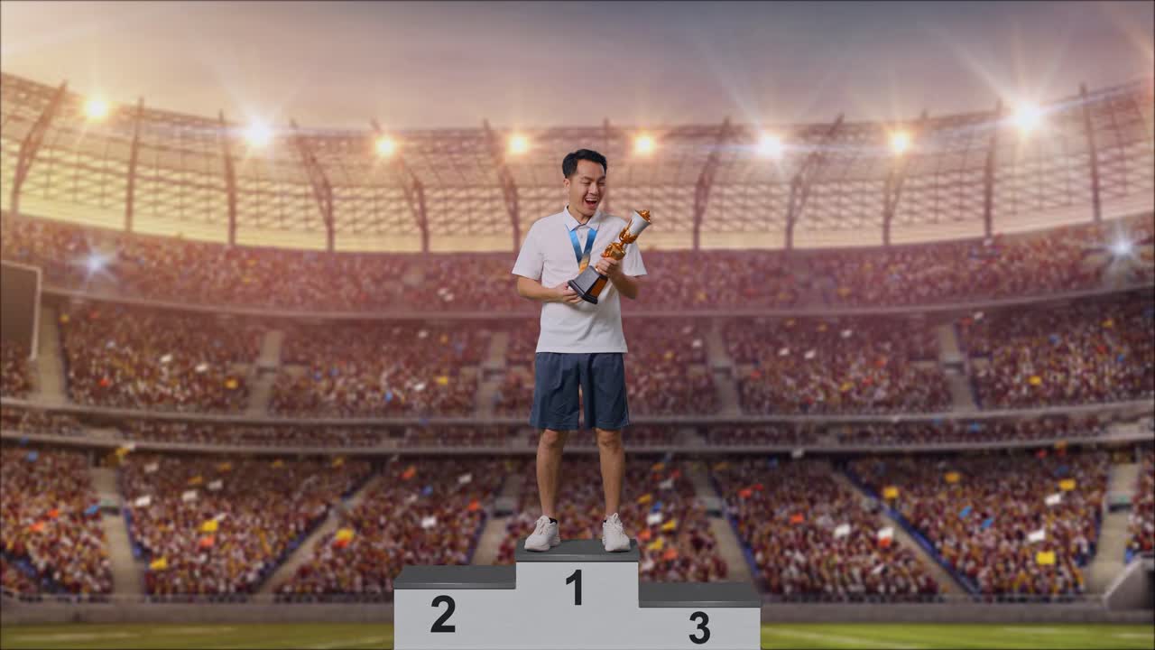 hombre ganando el trofeo en el podio en el estadio