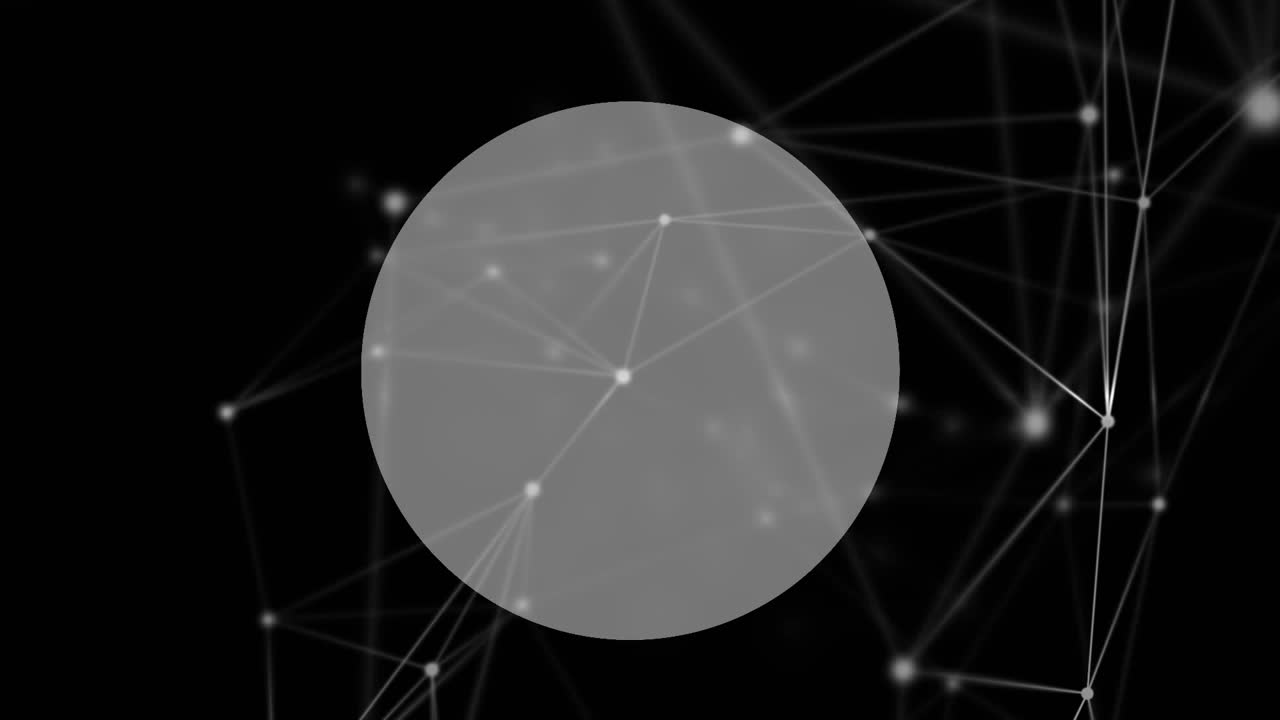 Digital animation of network of connections over round banner with copy space on black background