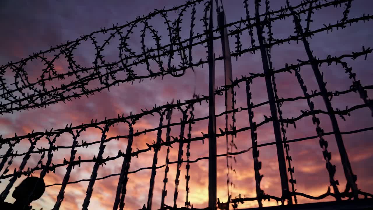 Silhouetted barbed wire fence against a vibrant sunset sky. The barbed wire creates a striking