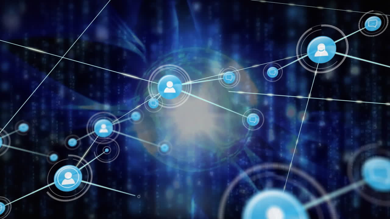 검은색 배경에 아이콘을 가진 연결 네트워크의 애니메이션