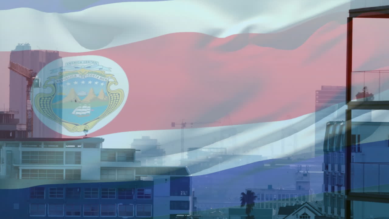 Costa Rican flag overlaying cityscape with cranes and buildings in animation