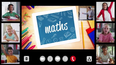 animation of interface screen with text, maths, teacher and six diverse children in online lesson