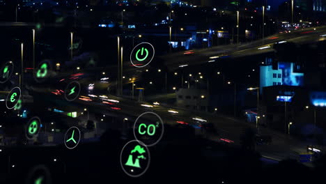animación de múltiples iconos digitales contra una vista aérea del lapso de tiempo del tráfico nocturno de la ciudad