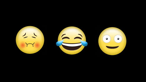 digital animation of sick, laughing and silly face emojis against black background