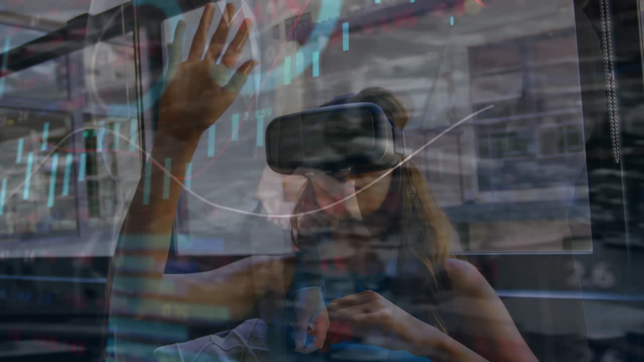 Animation of graphs and financial data over biracial woman in vr headset