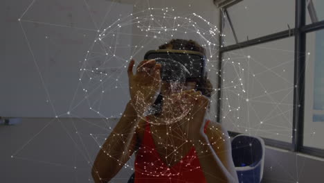 animation of globe of network of connections over woman wearing vr headset