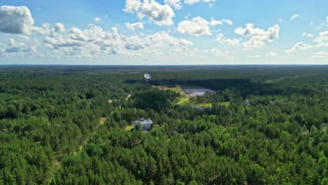 Antena-Satelital-En-Un-Vasto-Paisaje-Forestal-Verde,-Concepto-De-Base-Militar-Rural