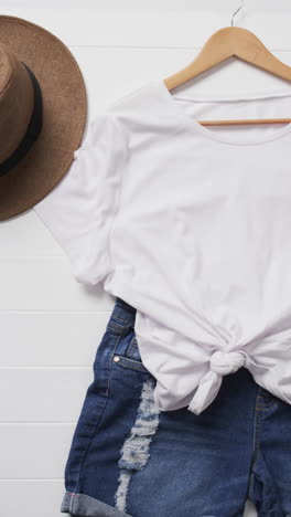 video of white t shirt, denim shorts, hat and copy space on white background