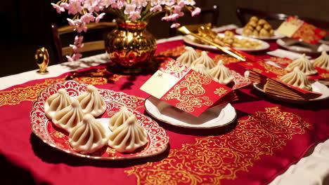 a table setting with khinkali and festive decorations