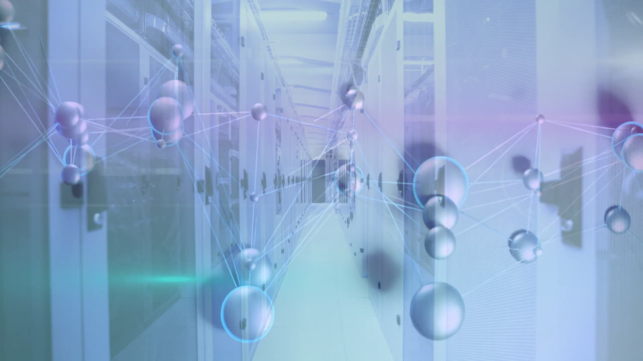 Network of connections and data processing animation over server room