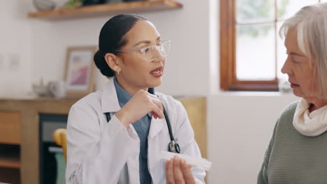 office, doctor and old woman with medication