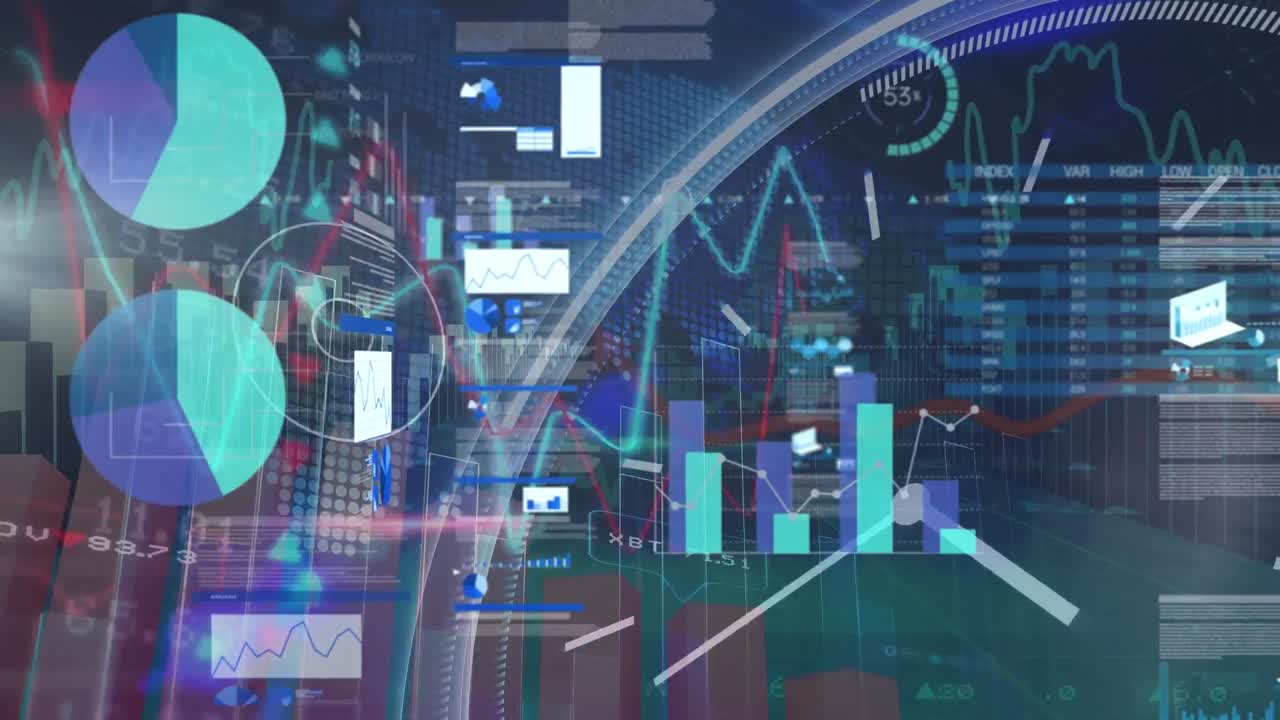 Animation of statistics and financial data processing over cityscape