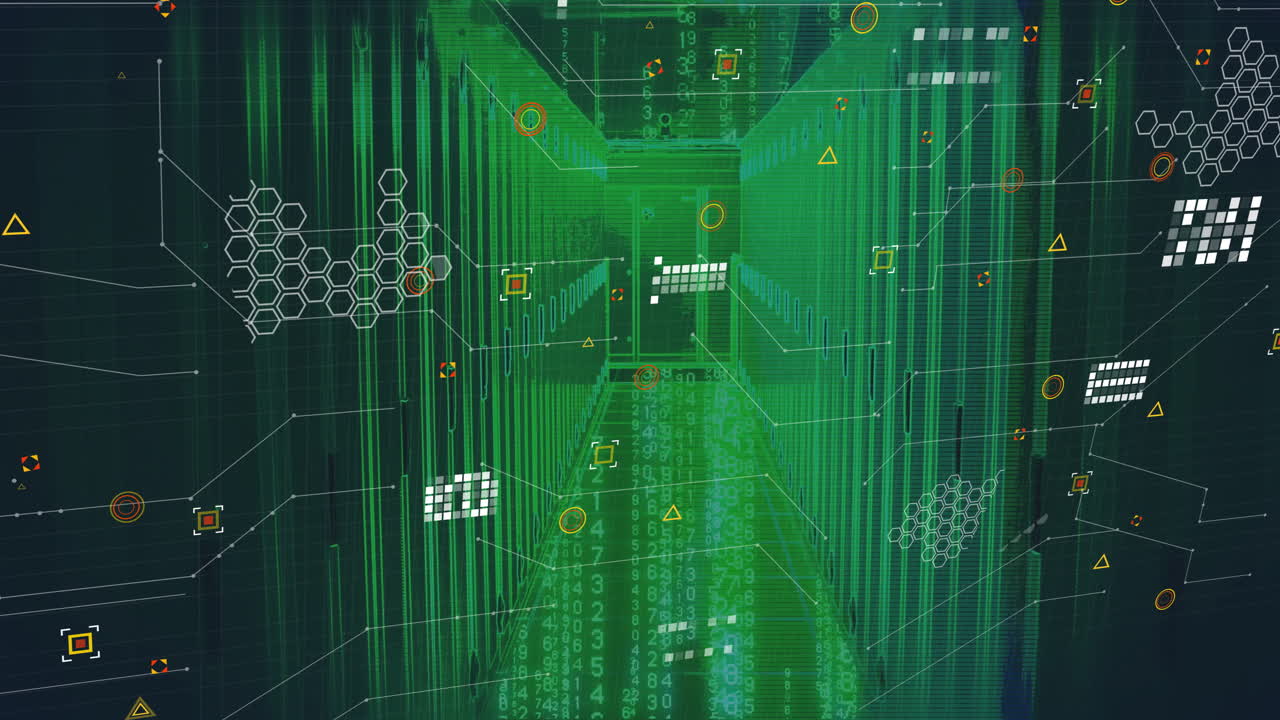 Animation of digital data and geometric shapes forming network on green background