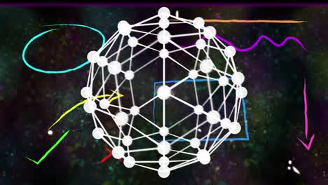 animación digital del globo de la red de conexiones contra coloridas formas abstractas y partículas