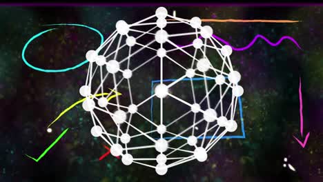 digital animation of globe of network of connections against colorful abstract shapes and particles