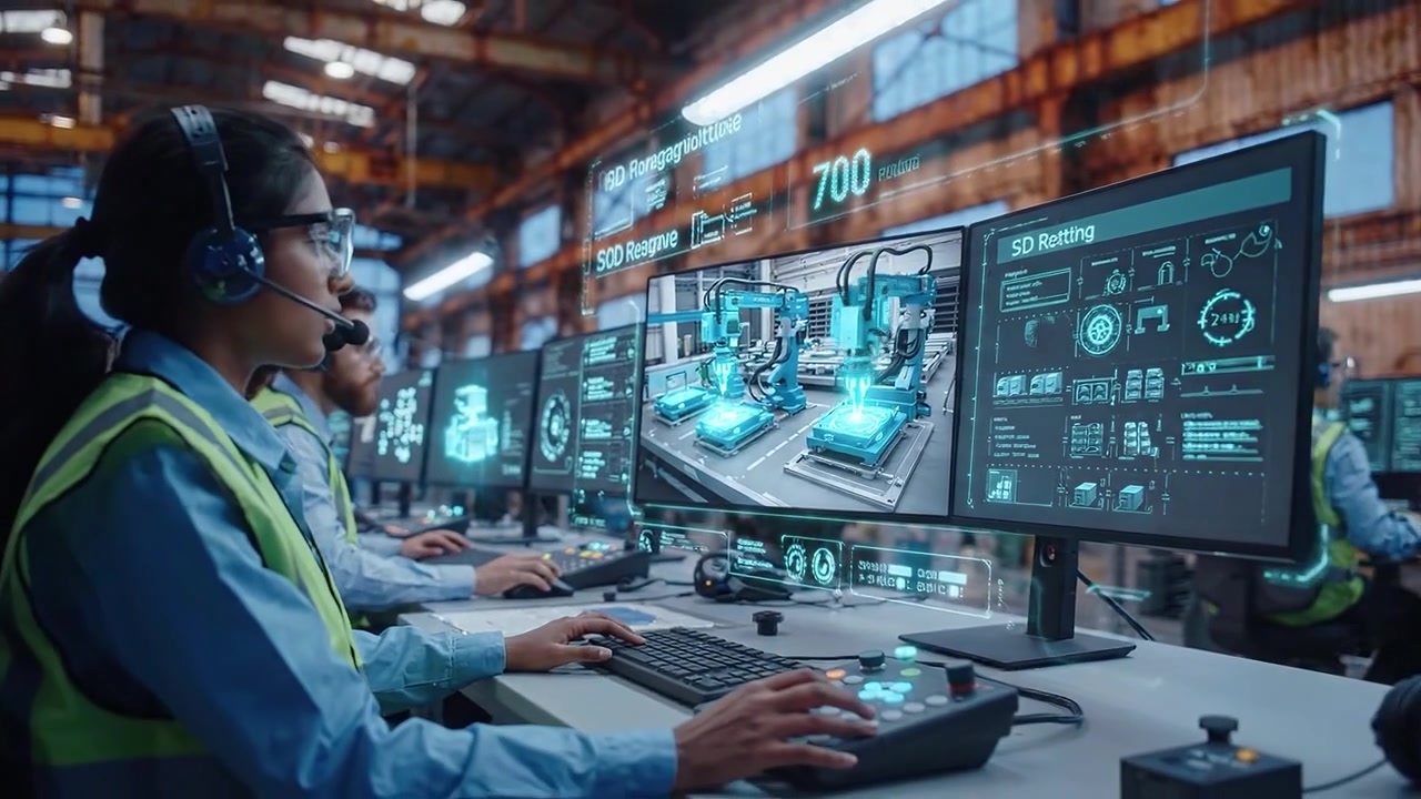 Female Engineer Working with Holographic Data in a Modern Factory Control Room