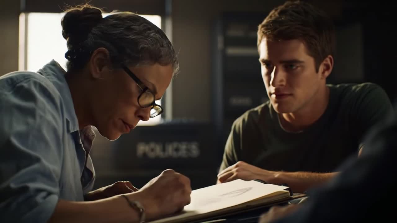 A detective is focused on sketching a suspect based on witness descriptions in a police station. Tension fills the air as a young man watches attentively, aiding the investigation.