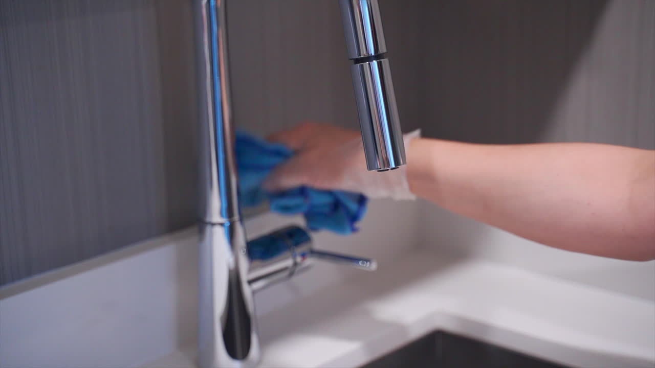 The maid efficiently goes about her tasks, tidying up the hotel room with precision and care, by wiping and cleaning everything in a hotel room including a sink
