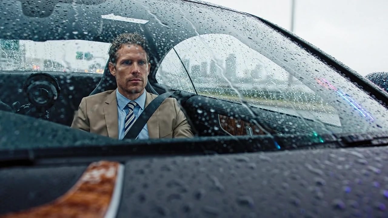 A man in a suit sits focused behind the wheel of a luxury car, rain droplets on the windshield creating a dramatic atmosphere during a city drive.