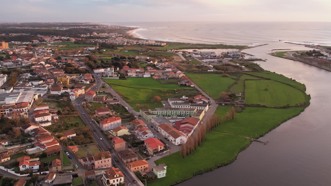 Aerial Rio Ave river and bridge connecting Vila do Conde to the Atlantic coastline