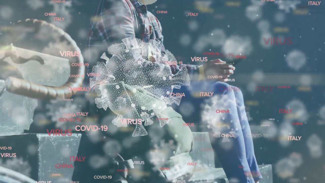 매크로 코로나19 세포의 애니메이션 바이러스 단어와 국가 이름이 떠다니는 아시아 여성이 마를 입고 있습니다.