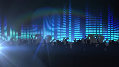 animation of red spots moving over dancing crowd with blue flashing lights