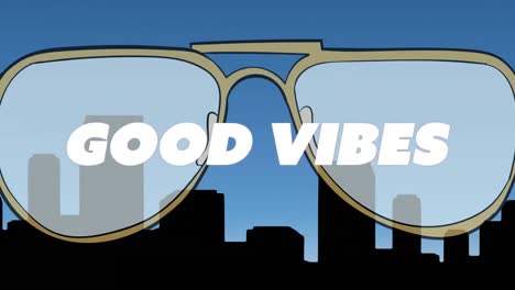 animation of vibes text over glasses and cityscape