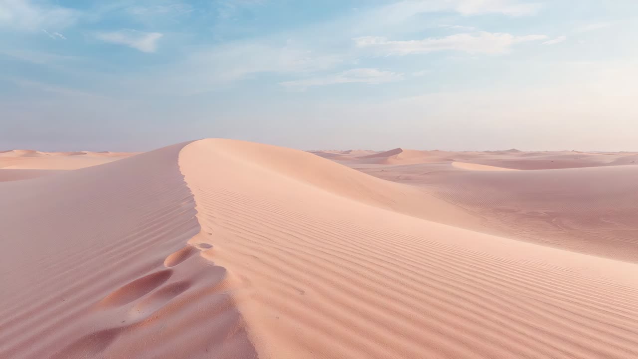 Inizia con la camera che scivola in avanti lungo la cresta di una duna di sabbia nel deserto, rivelando increspature e impronte
